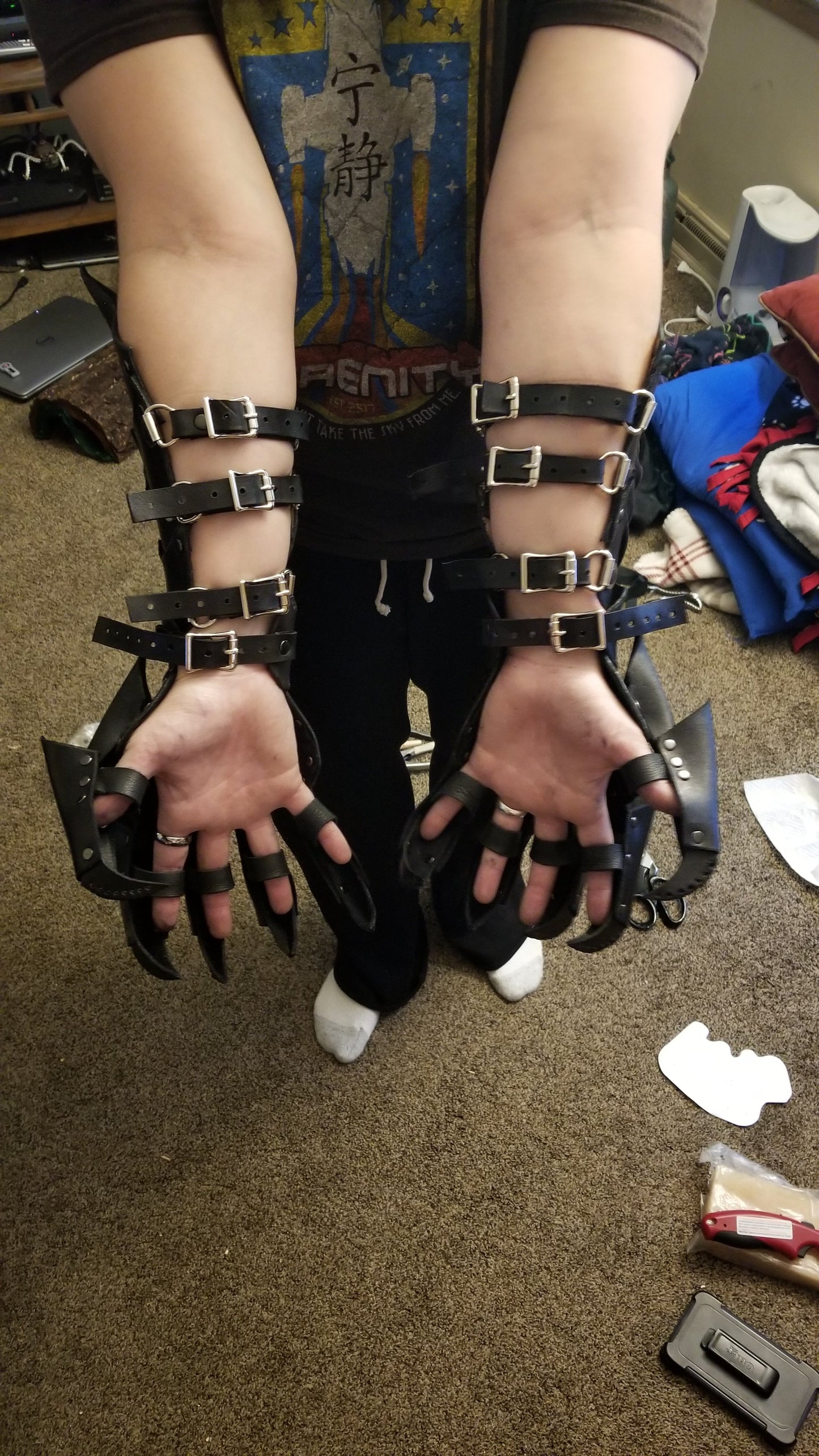 Black Spikey All Leather Hand Claws and Dragon Bracers COMBO SET