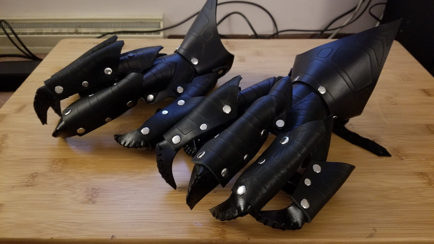 Black Spikey All Leather Hand Claws and Dragon Bracers COMBO SET