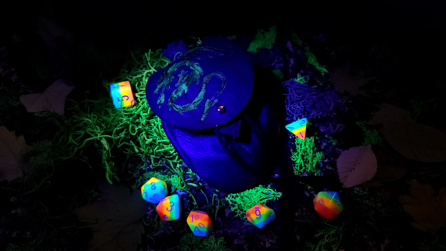 Small Leather Blue Spikey Dragon Dice Bag GLOW in the DARK