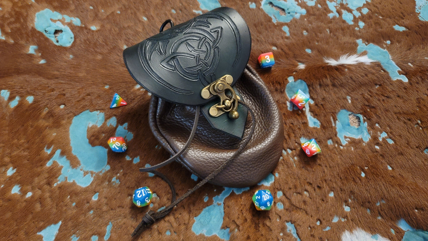 Large Celtic Dragon Leather Dice Bag