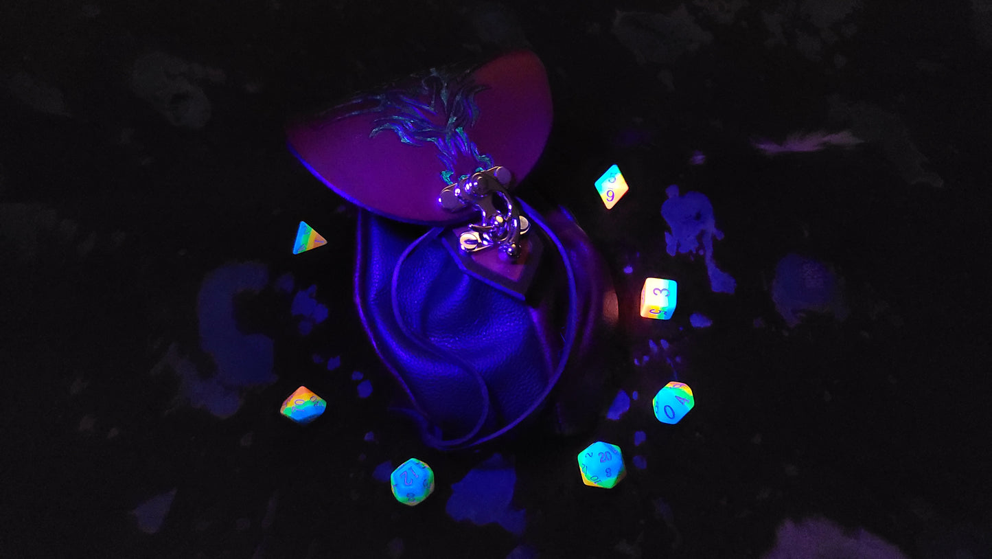 Large Leather Dragon Head Dice Bag, GLOWS in the Dark