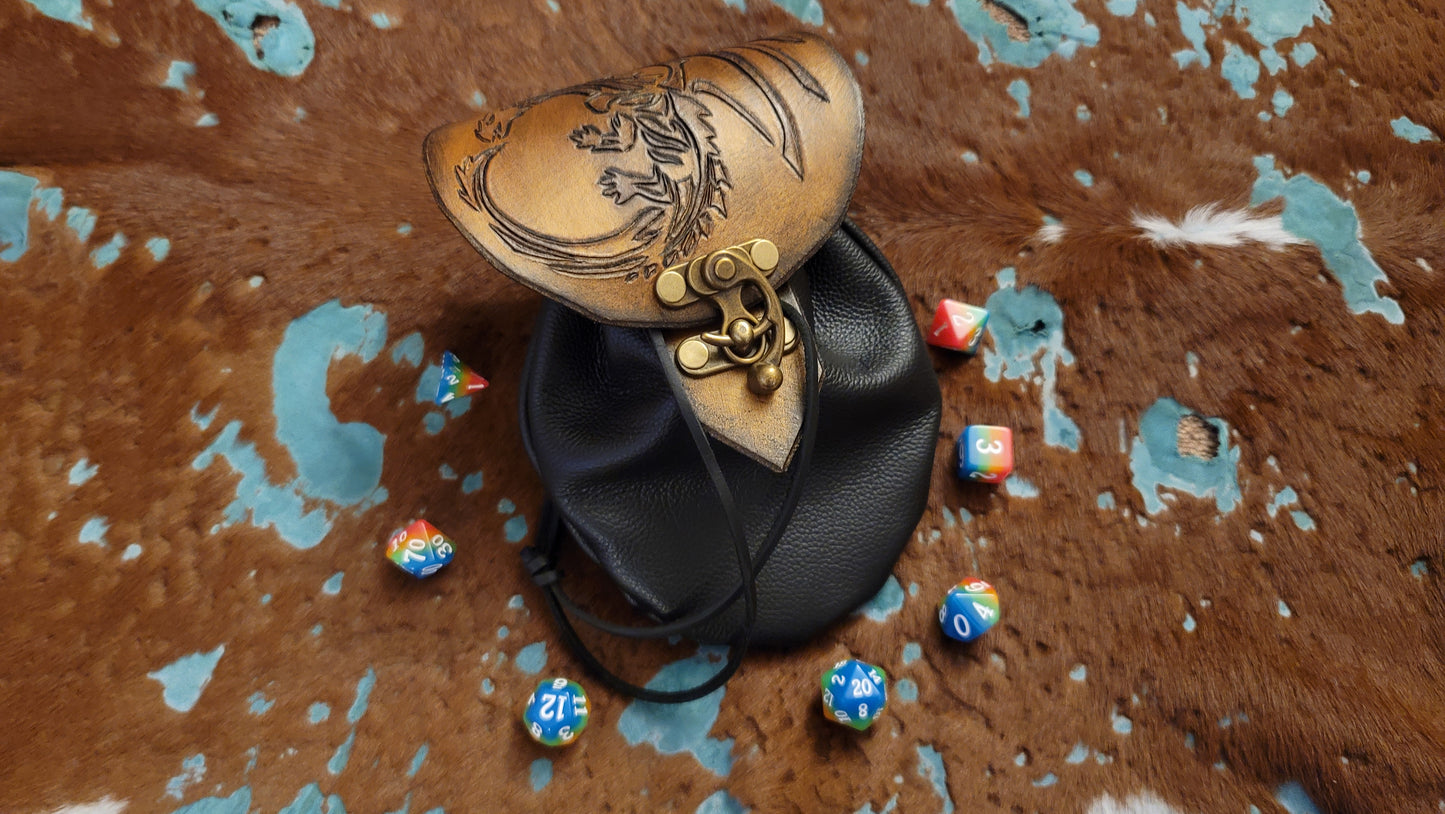Large Golden Lightning Dragon Leather Dice Bag