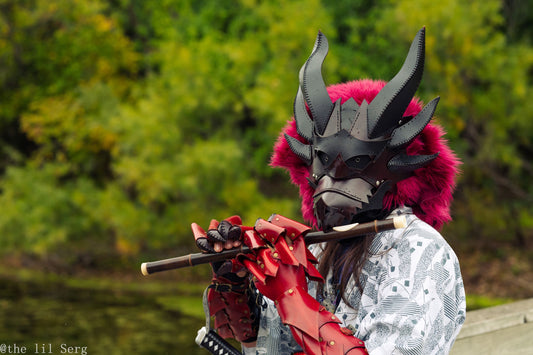 Articulate Spikey Leather Dragon Mask Furry Head Moving Jaw with Glowing Eyes