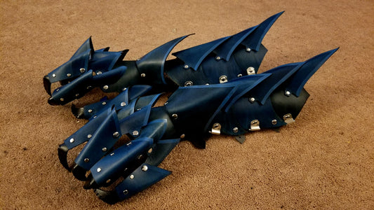 Blue Spikey All Leather Hand Claws and Dragon Bracers COMBO SET
