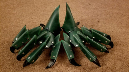 Green Spikey All Leather Hand Claws and Dragon Bracers COMBO SET