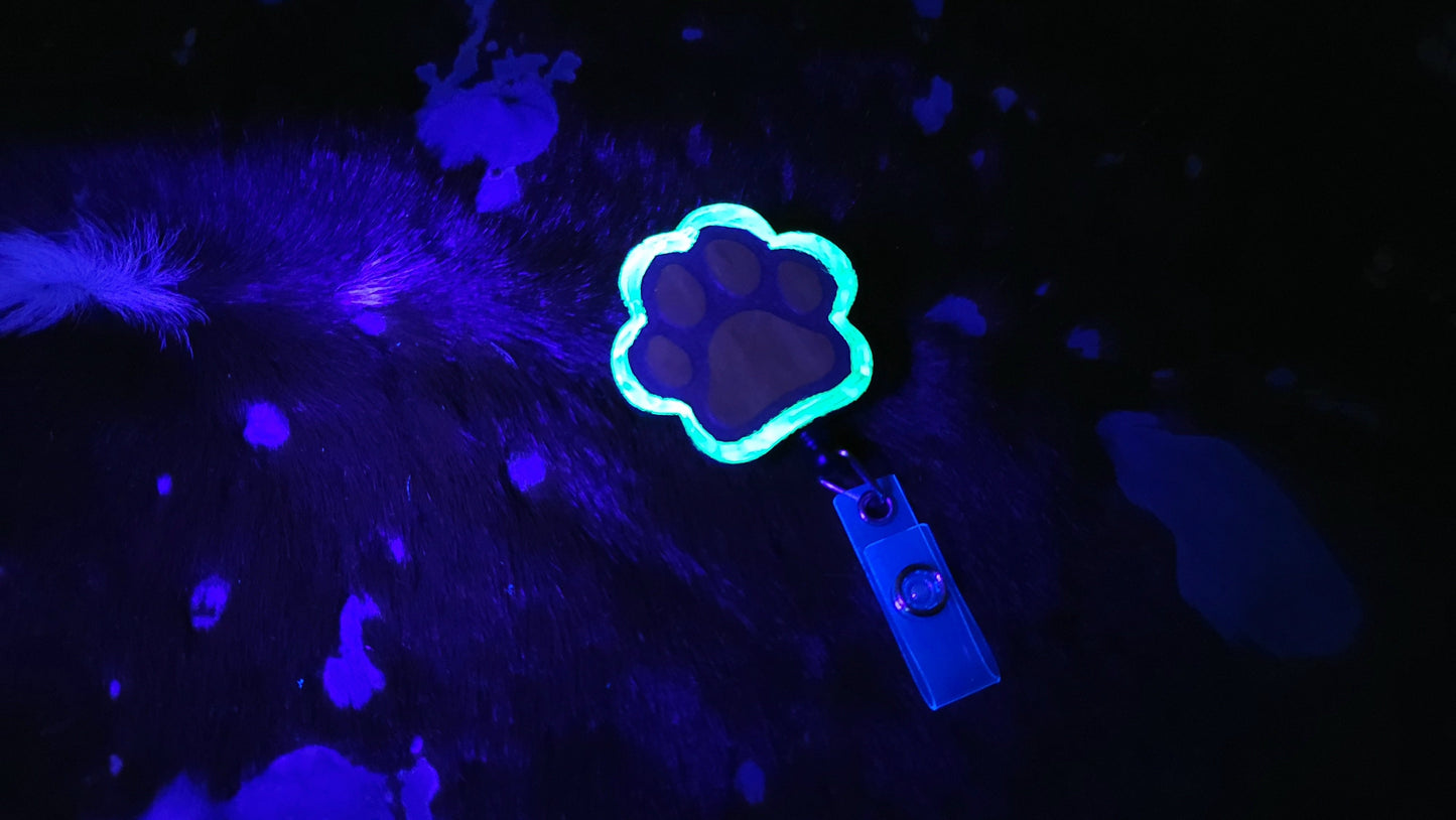 Leather Paw Print Retractable Badge Holder Clip Fastener UV Reactive Glow Furry Accessories