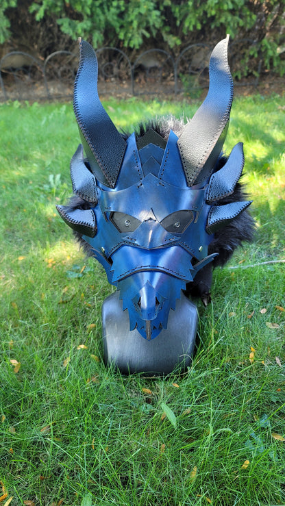 Articulate Spikey Leather Dragon Mask Furry Head Moving Jaw with Glowing Eyes