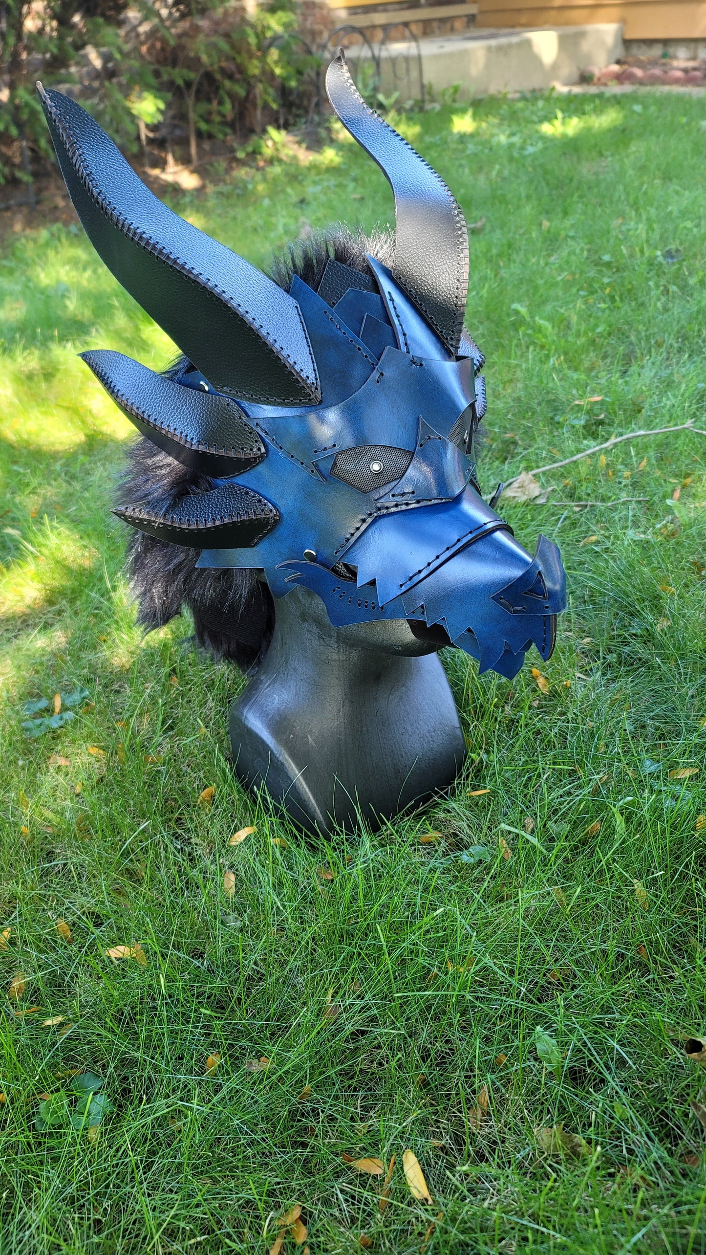 Articulate Spikey Leather Dragon Mask Furry Head Moving Jaw with Glowing Eyes