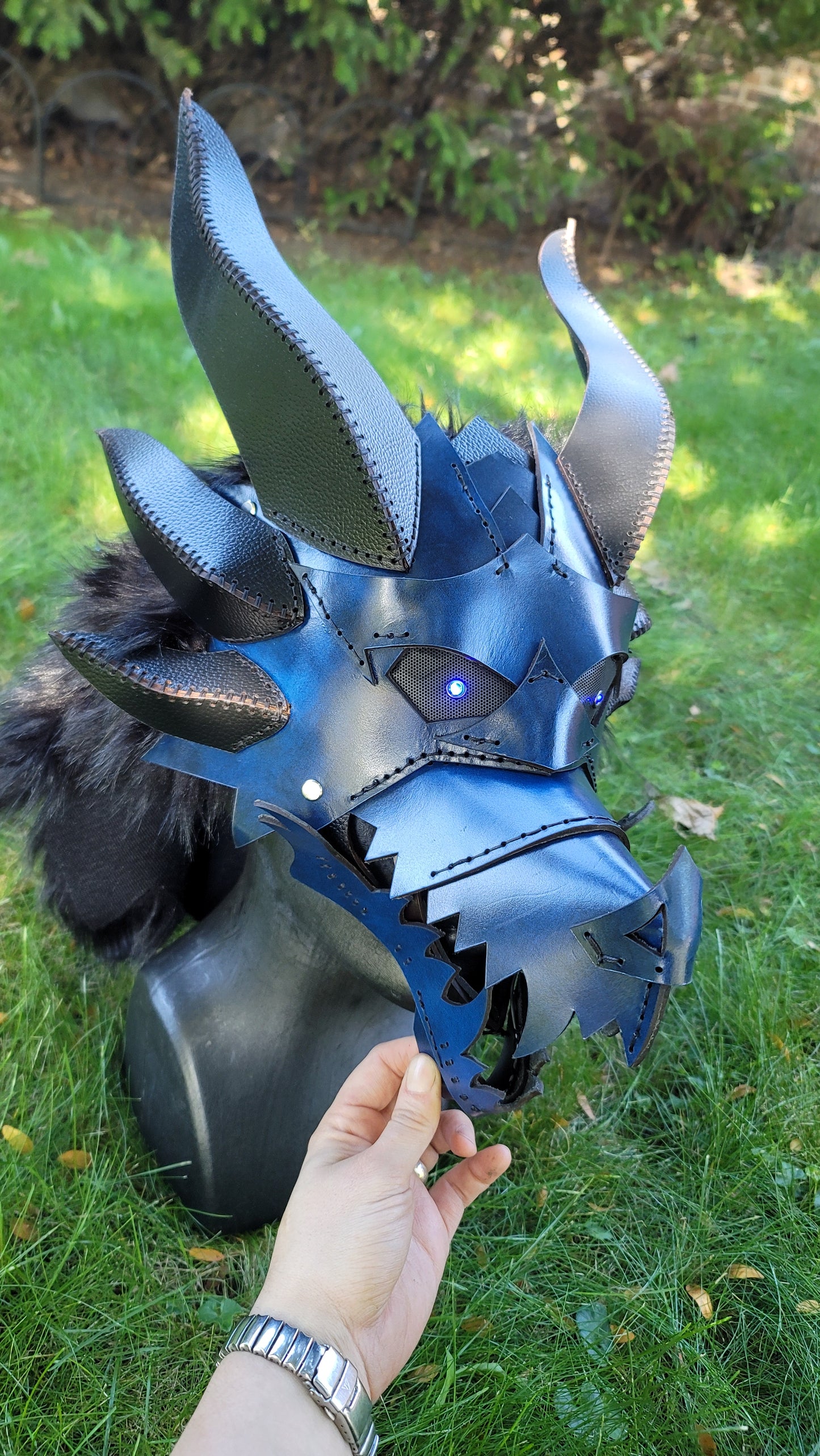 Articulate Spikey Leather Dragon Mask Furry Head Moving Jaw with Glowing Eyes