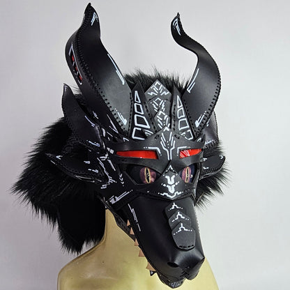 Future Punk Spikey Leather Dragon Mask Furry Head Moving Jaw