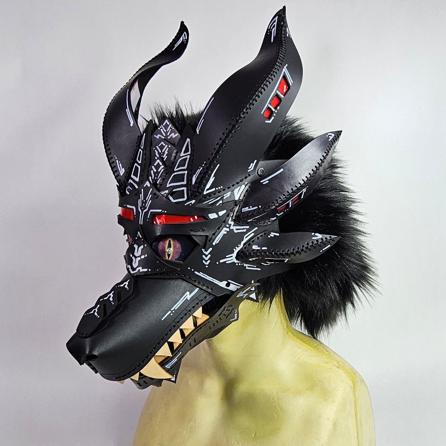 Future Punk Spikey Leather Dragon Mask Furry Head Moving Jaw