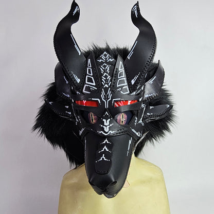 Future Punk Spikey Leather Dragon Mask Furry Head Moving Jaw