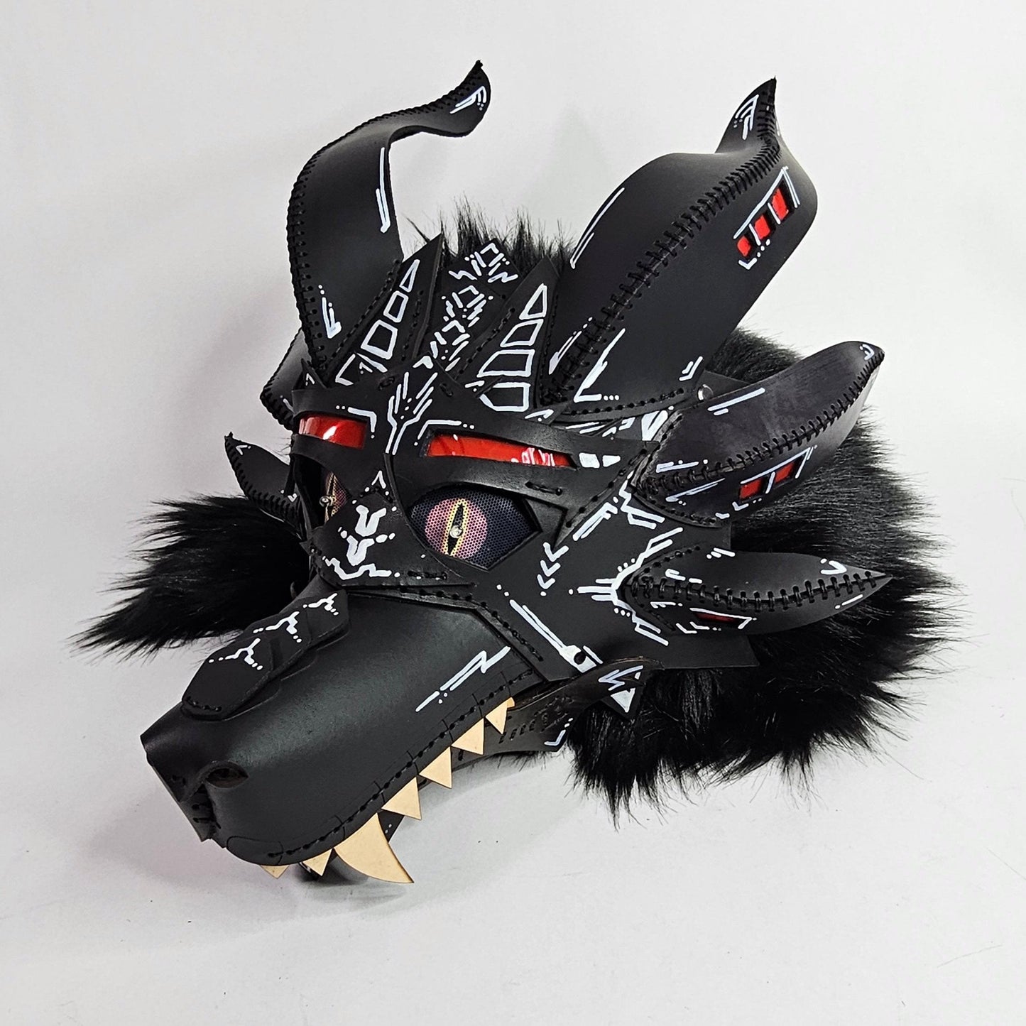 Future Punk Spikey Leather Dragon Mask Furry Head Moving Jaw