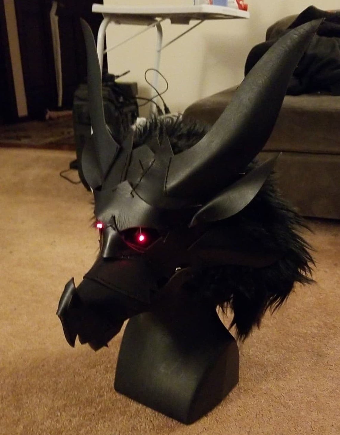 Articulate Spikey Leather Dragon Mask Furry Head Moving Jaw with Glowing Eyes